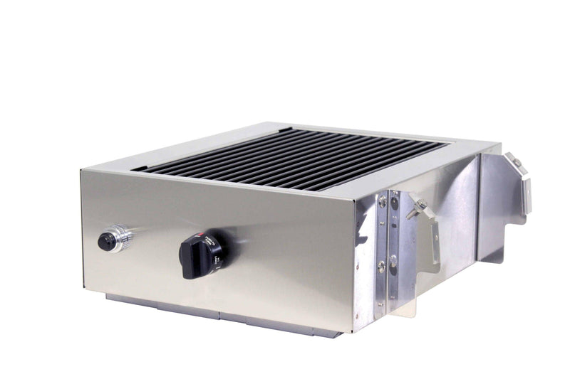Phoenix SearMagic infrared side cooker in stainless steel with lid open showing the cooking grid