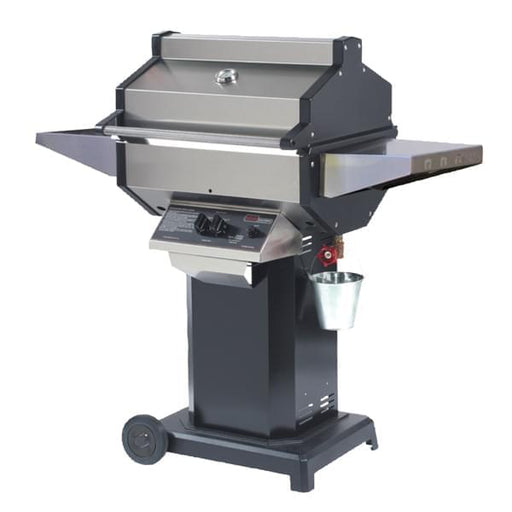 Phoenix SDBOC gas grill with cast aluminum end caps on black aluminum column and two-wheel portable base