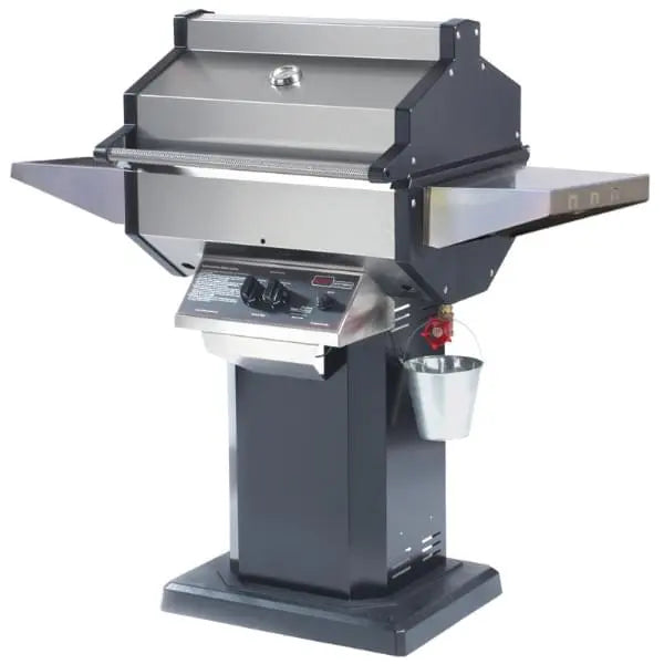 Phoenix SDBOP gas grill with cast aluminum end caps on black aluminum column and bolt-down cast aluminum patio base