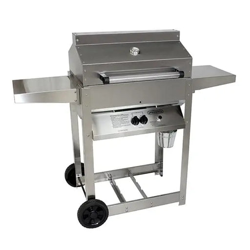 Phoenix SDRIV4LDD riveted stainless steel gas grill on open four-leg cart with drop-down side shelves