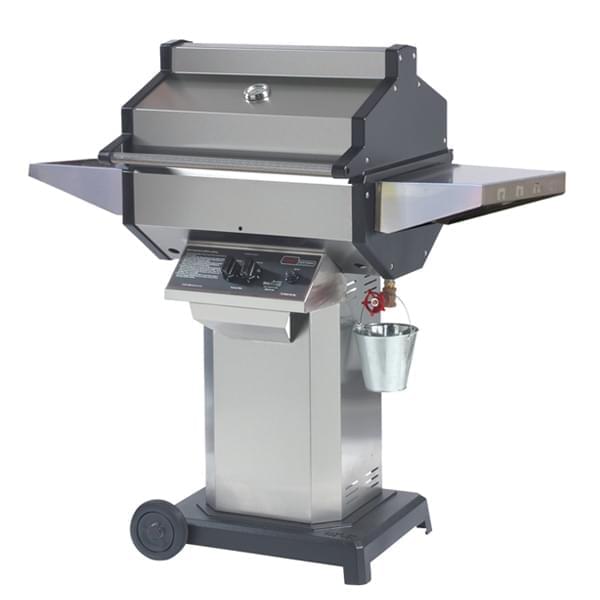Phoenix SDSSOC gas grill with cast aluminum end caps on stainless steel column and two-wheel portable base