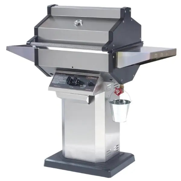 Phoenix SDSSOP gas grill with cast aluminum end caps on stainless steel column and bolt-down cast aluminum patio base