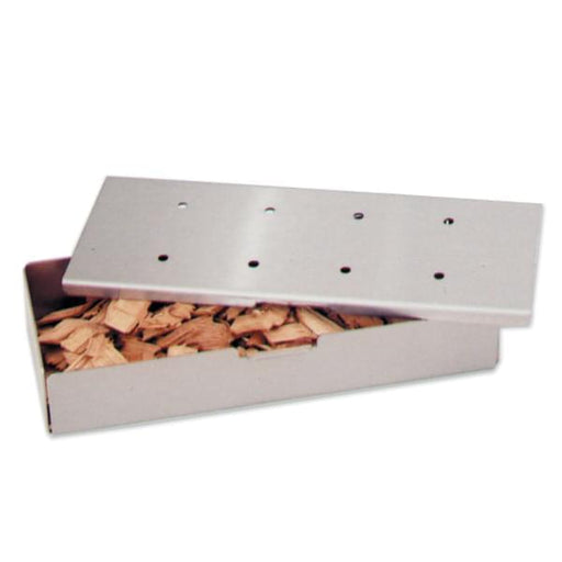 Stainless steel smoker box filled with wood chips for adding smoke flavour on a gas grill
